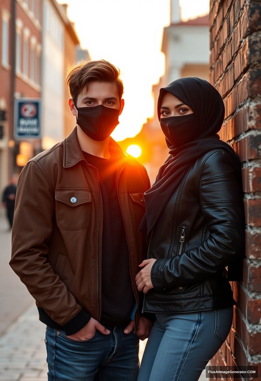 Jamie Dornan, handsome, young, black face mask, collage jacket, jeans, dating love romantic biggest black hijab Muslim girl, beautiful eyes, black face mask, black leather jacket, standing laying against brick wall, town, morning scenery, sunrise, photorealistic, street photography. - Image