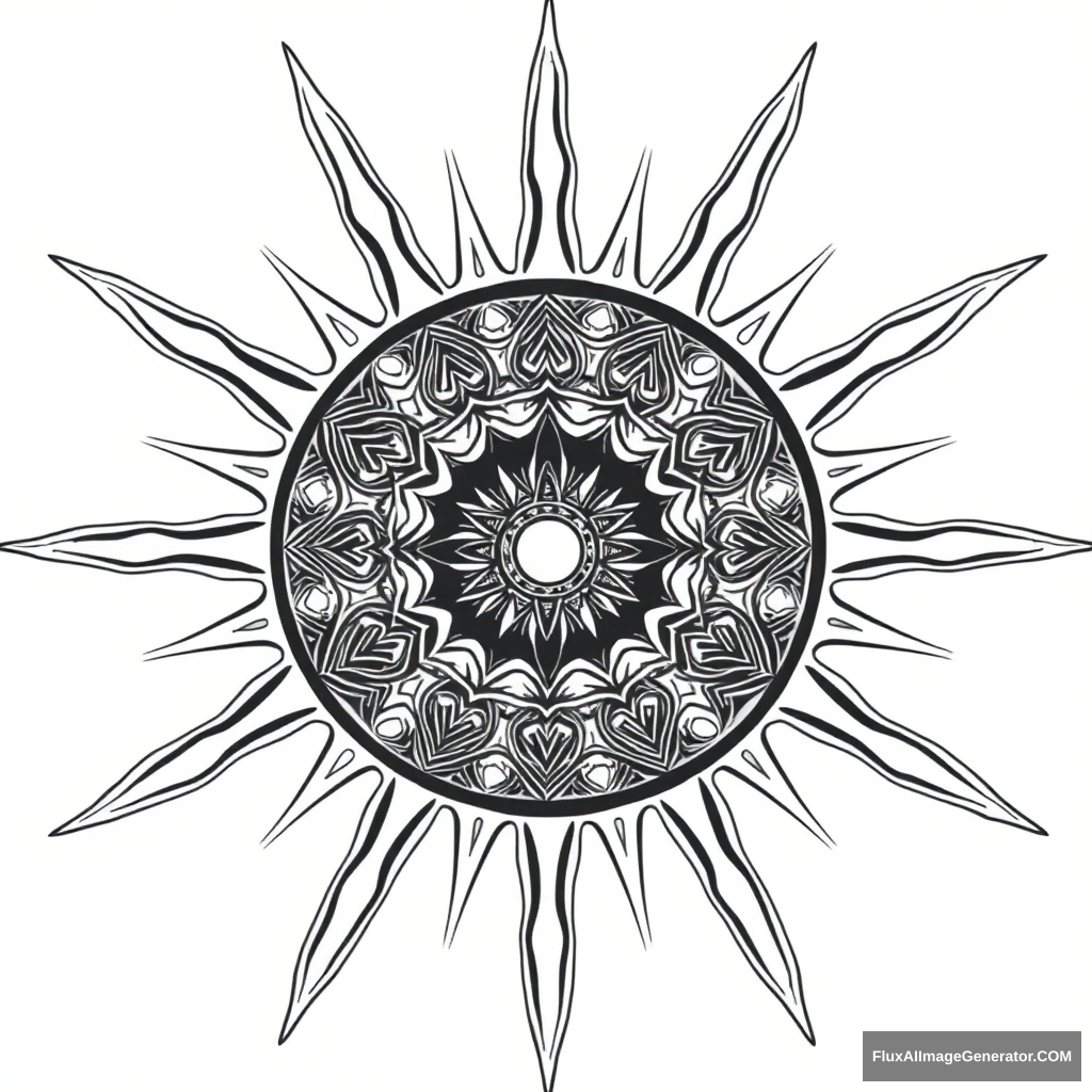 an image of the sun, with an intricate pattern inside of it, no color, no shades no black parts, for a coloring book, with thick lines and square ratio - Image