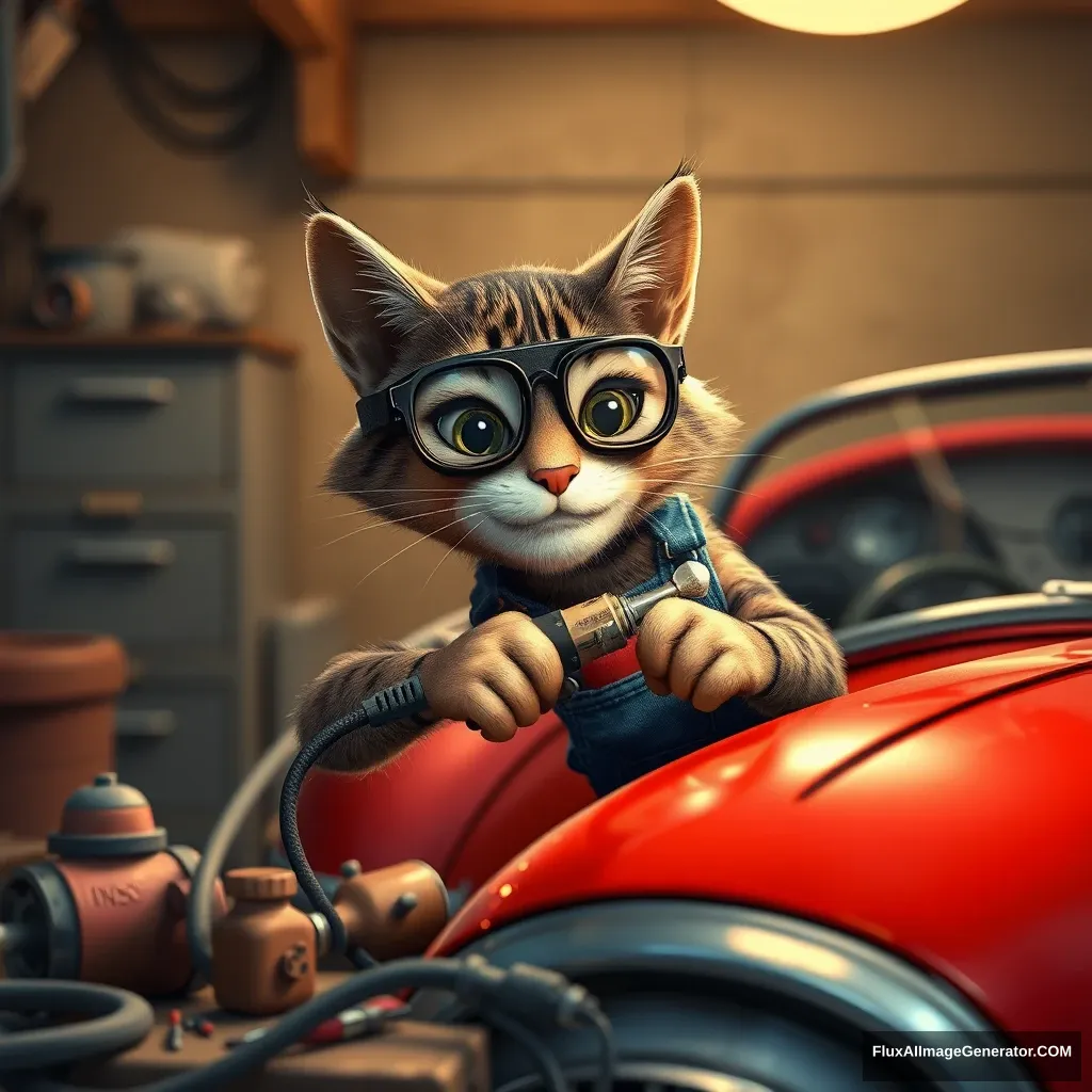 A whimsical Pixar-style anthropomorphic tabby cat, wearing blue overalls and safety goggles, diligently repairs a vintage red convertible. The cat wields a comically oversized soldering iron, surrounded by scattered tools and glowing sparks. Soft, warm lighting illuminates the cozy garage, creating a heartwarming atmosphere of determination and ingenuity. - Image