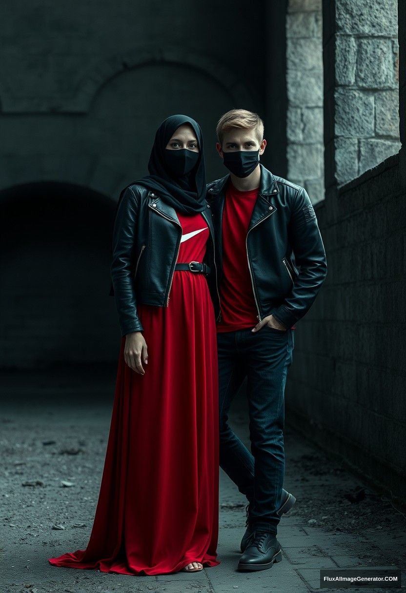 A biggest black hijab girl, beautiful eyes, face mask black, black leather jacket, biggest red longest dress, untall,

Jamie Dornan, handsome, face mask black, fit and tough body, Nike red t-shirt, black leather jacket, jeans, tall man,

standing lean at wall together,
Hyper realistic, photorealistic, studio photography, Victoria's abandoned castle, gloomy, darkness. - Image