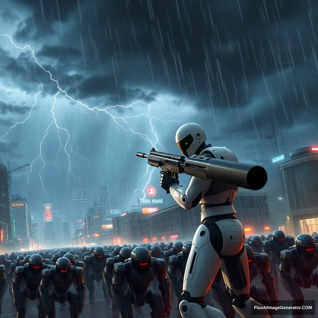 A white robot holding a machine gun is shooting an army of black robots under a dark cloudy sky with lightning, in a city during rain, illuminated by neon lights, in an apocalyptic setting. - Image