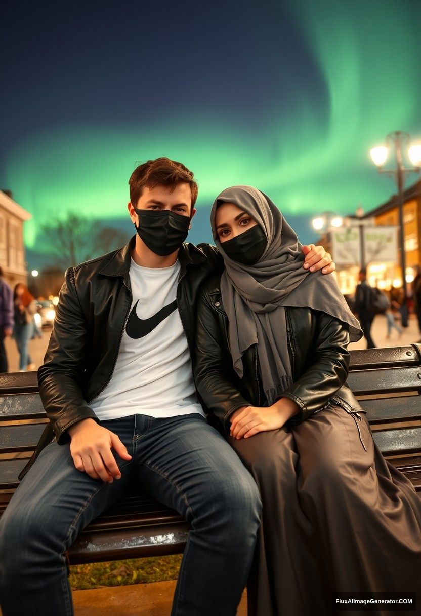 Jamie Dornan, tall and young, wearing a black face mask, a white Nike t-shirt, and jeans, is on a romantic date with a Muslim girl in a grey hijab who has beautiful eyes. She is also wearing a black face mask and a leather jacket, along with a very long and wide skirt, and she is not tall.

They are sitting together on a park bench, leaning on each other's shoulders, in a town setting with strangers in the background. The scene is photorealistic, resembling a selfie captured at night, featuring the aurora borealis.