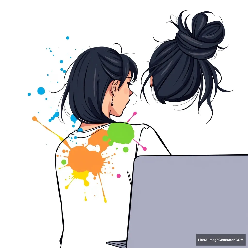 The image is an illustration of a young woman with long dark hair tied up in a messy bun. She is sitting in front of a laptop and appears to be working on it. The woman is wearing a white shirt and has a colorful, abstract design on her back. The design is made up of various splashes of different colors and shapes, including blue, orange, yellow, green, and pink. The background is white, and the overall style of the illustration is modern and vibrant. The overall mood of the image is creative and artistic.