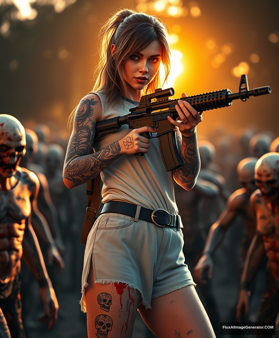 Portrait of a sexy woman in a white vest and a pair of black shorts, lots of gypsy-style tattoos on both arms and legs, skull-pattern tattoos, arm skin got scratched, splashed blood on exposed skin, holding an AR-15 rifle with both hands, aiming posture, surrounded by scary zombies, golden hour lighting, ray tracing, global illumination. - Image