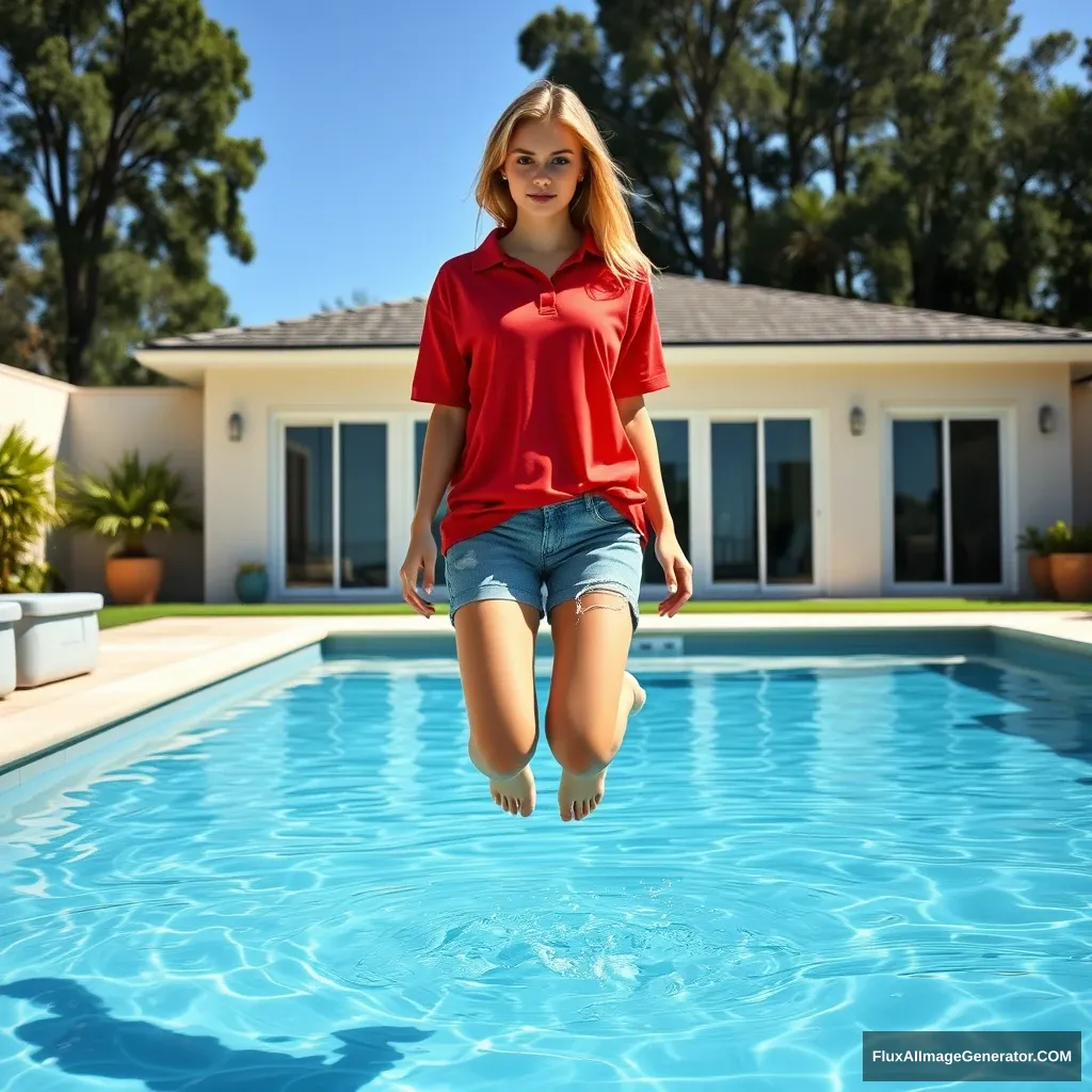 Front view of a young, blonde, skinny woman in her early twenties with a good tan, standing in her large backyard. She is wearing an oversized red polo t-shirt that is slightly off balance on one shoulder, and both the collar and the bottom part of the shirt are untucked. She is also wearing large light blue denim shorts and has no shoes or socks on. She jumps into the pool, and her legs are in the water. - Image