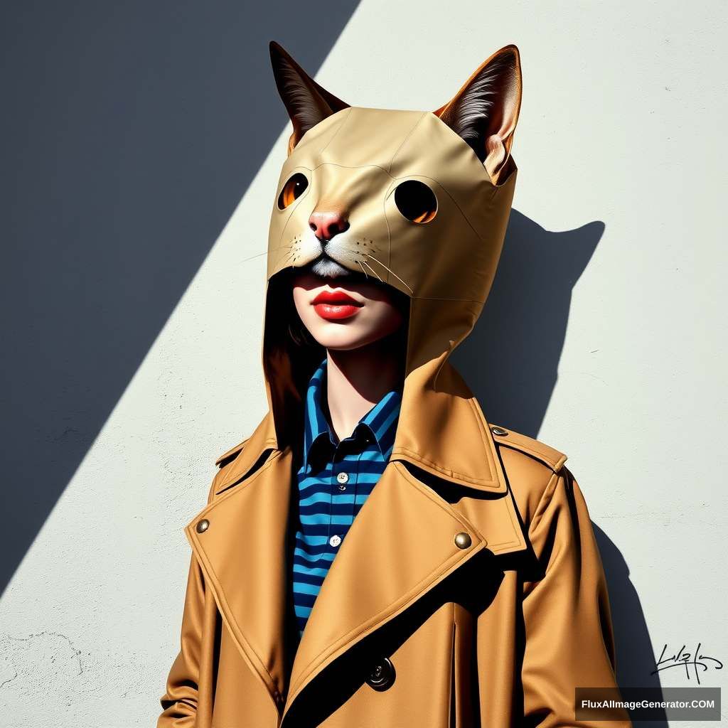 Surrealism, street art mural of a woman wearing a beige trench coat with a cat head by st-sub / her face is covered with a paper bag with holes and the top part of her nose sticking out from inside it, surreal portrait, portrait of a young female detective in a brown jacket and blue striped shirt underneath, large shadow on the wall behind the subject, flat background, muted pastel colors, simple shapes, exaggerated features, playful use of texture, simplified color blocks, graphic design, flat illustration, minimalism, pop culture.