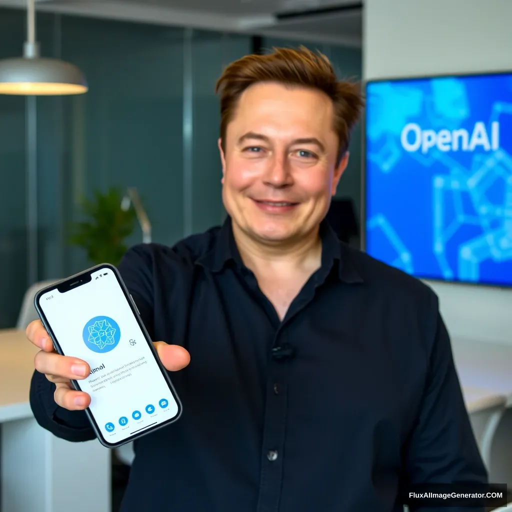 Elon Musk holds a phone and the phone screen shows the KainoAI app, the background is at the OpenAI office. - Image