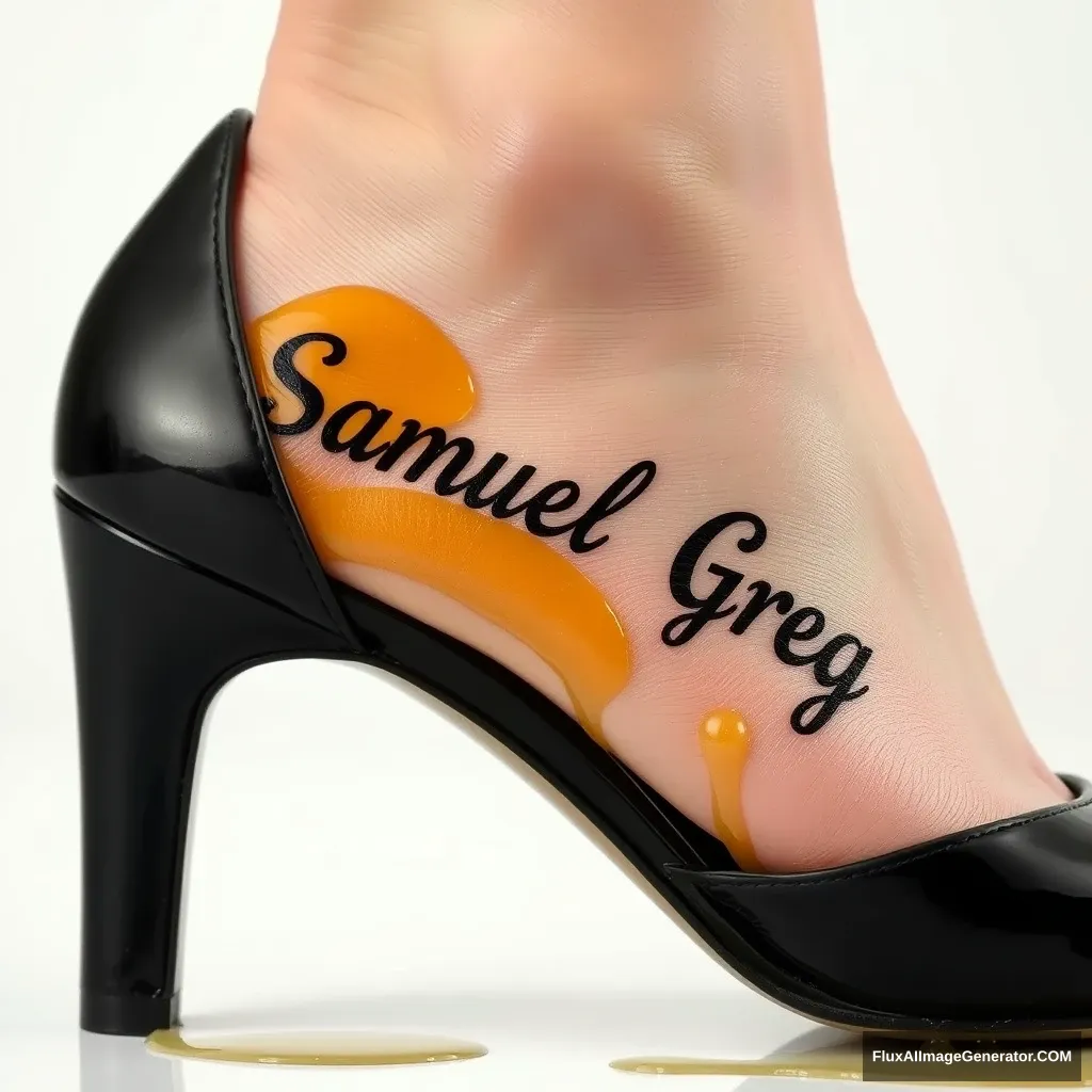 The name "Samuel Greg" on a woman's foot in a black high heel. There is oil all over the foot. - Image