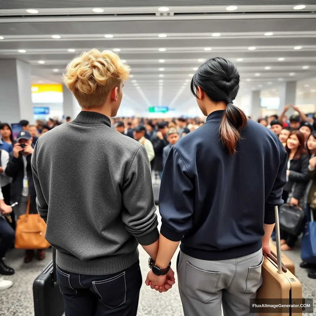 A man with curled, blonde hair cut to ear length and a man with low pony-tailed ebony hair are holding each other's hands in front of a large crowd of fans at the airport, showing their backs. Both are styled like K-pop idols, with the blonde man being taller. - Image