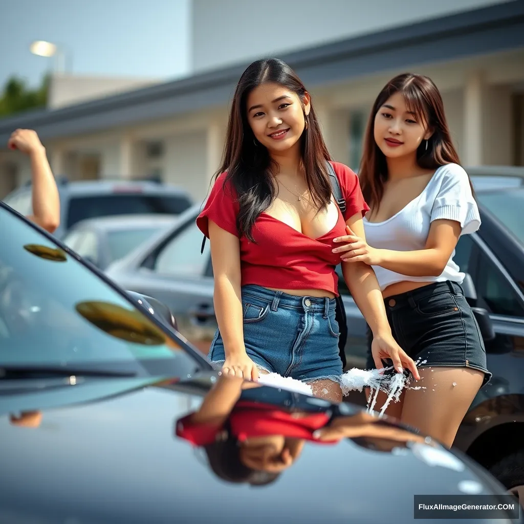 3 very large chested Asian female college students washing a car