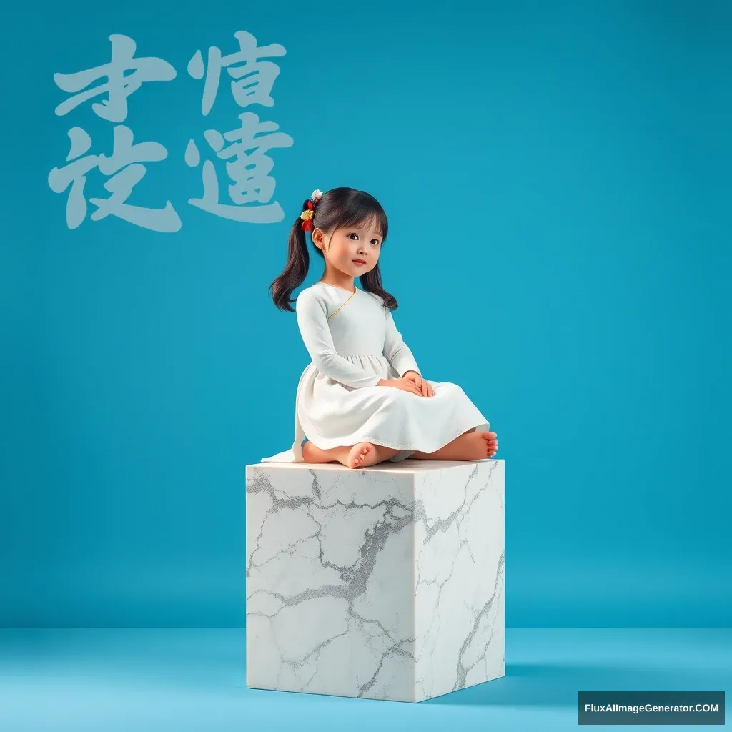 A Chinese girl sitting on a giant cube in a white dress with her legs crossed, with a blue background, a marble sculpture, promotion image.