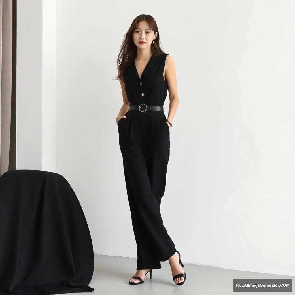 A Korean female fashion model is wearing a jumpsuit style one-piece.