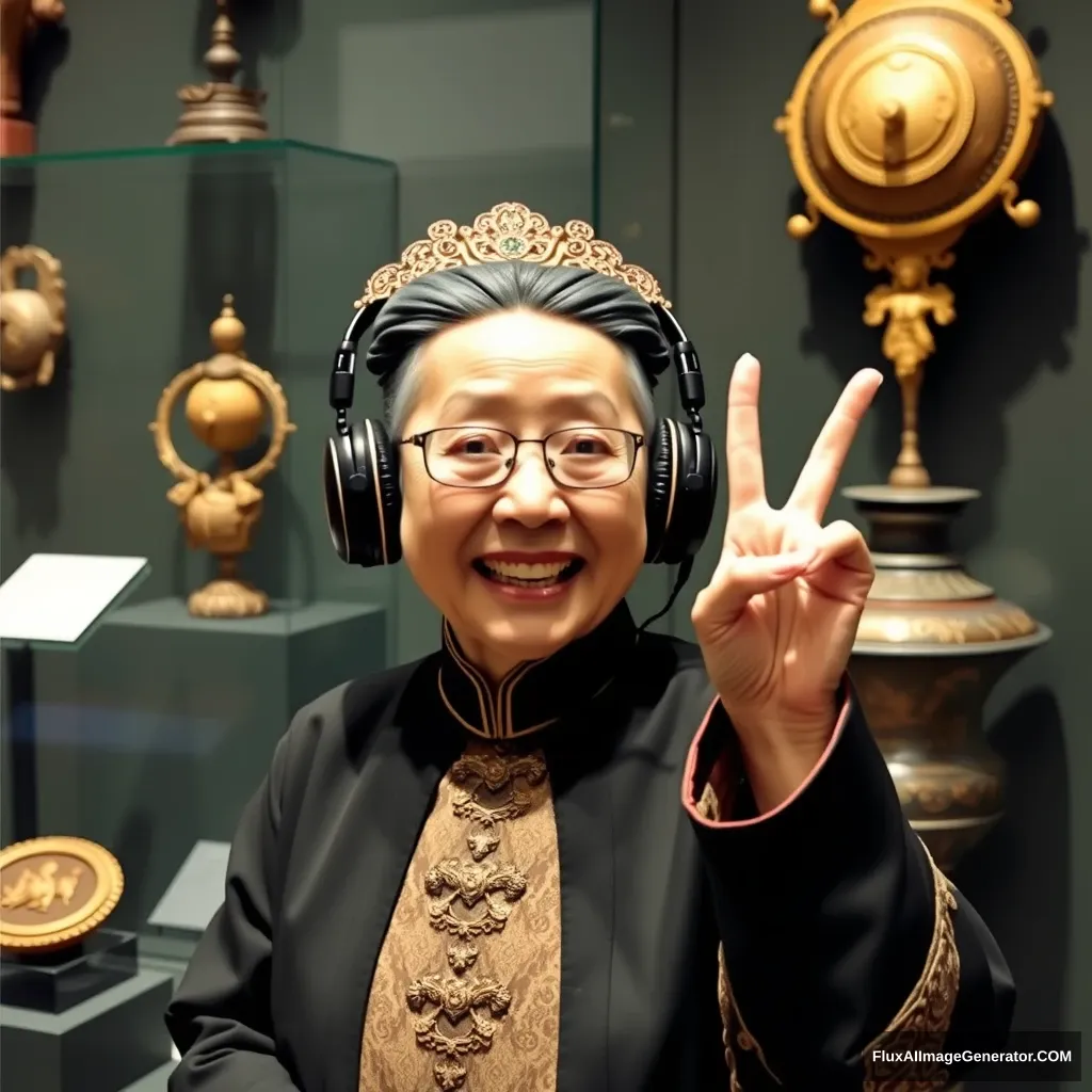 "Museum relics, Empress Dowager Cixi of the Qing Dynasty wearing headphones, V-sign gesture, humorous shots, comical actions, interesting works, exhibits, showing a toothy smile."