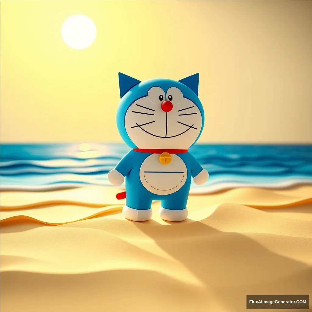 The cute blue robotic cat, Doraemon, stands on the beach, with gentle waves lapping at his feet. The bright sun shines overhead, casting long shadows across the scene. The image is presented in a 3D paper art style, with intricate folds and layers giving the scene a tactile quality. Doraemon's iconic round body and ears are meticulously crafted, with every detail—from his whiskers to the stitching on his pocket—carefully rendered. The beach is made from layered paper, featuring realistic textures and subtle color variations that mimic flowing sand. The waves are made from translucent blue paper, capturing the movement and texture of the ocean. The distant horizon is formed from gradient blue paper, hinting at the vast open sky. The scene is bathed in warm, sunny lighting, imbuing the paper art with a sense of life and vitality.