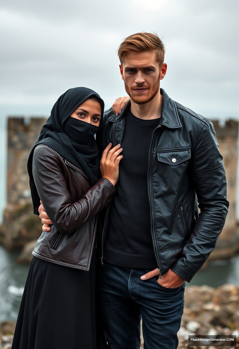 Jamie Dornan's head and body shot, handsome, youngest, black face mask, black leather jacket, jeans, dating, love with the biggest black hijab Muslim girl, not tall, beautiful eyes, face mask, maroon leather jacket, biggest black skirt, leaning on his shoulder, hyper-realistic, studio photography, full body photo, exploring at an abandoned castle, at sea, gloomy scenery. - Image