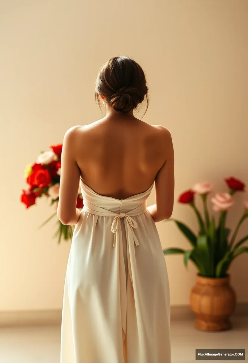 a young woman, sensitive, delicate, ashamed, backless strapless low-waisted loose silk wedding dress