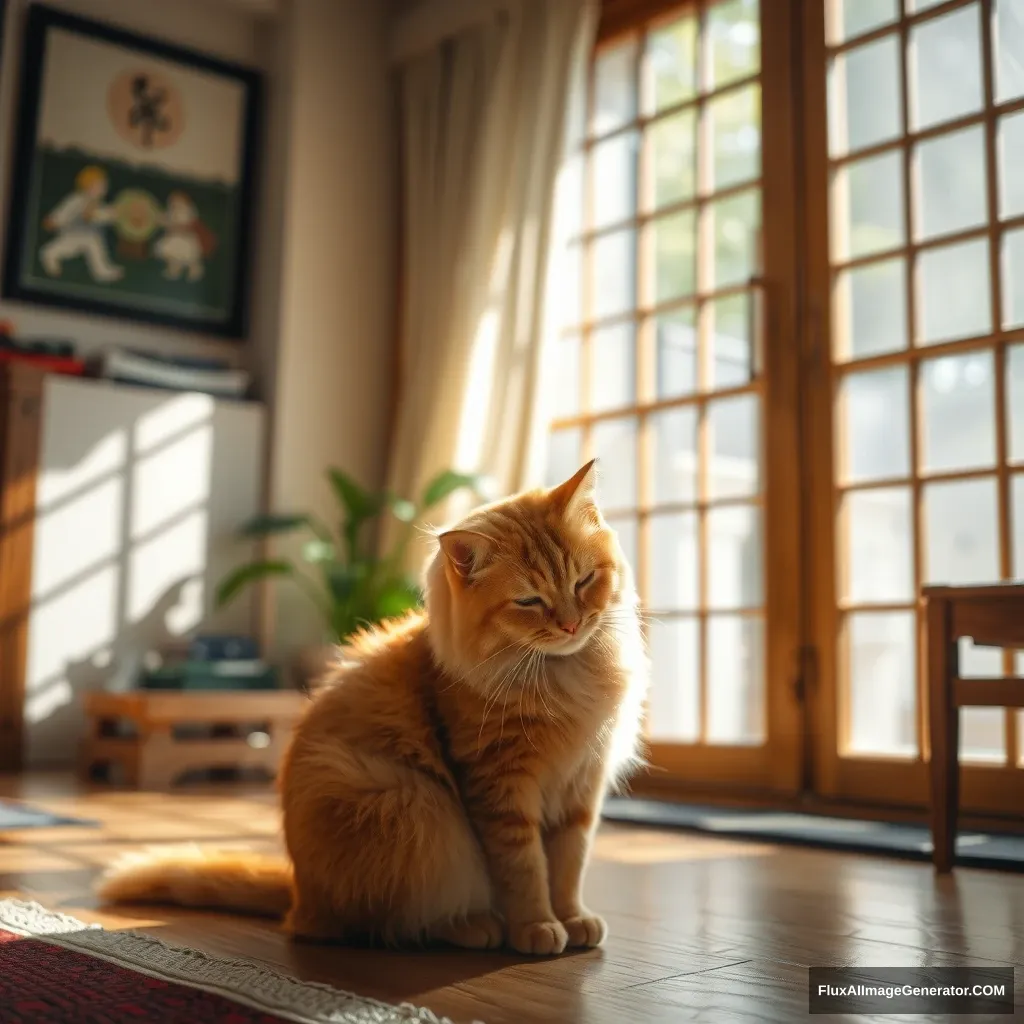 A scene of a Japanese house living room with an orange-furred cat sitting and sleeping in the sunlight.