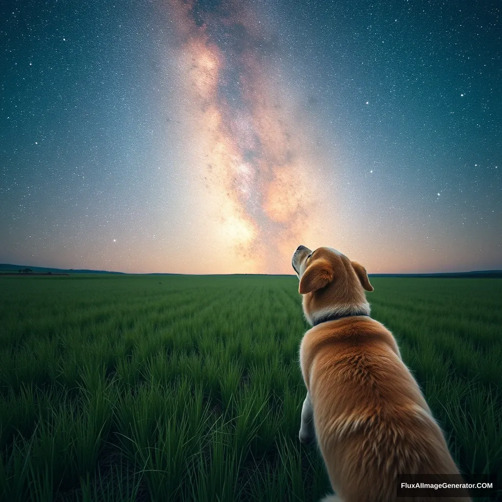 On the vast grassland, a dog looks up at the stars. - Image