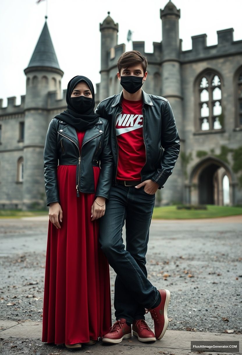 A biggest black hijab girl, beautiful eyes, face mask black, black leather jacket, biggest red longest dress, not tall, standing near him and love, love couple 

Jamie Dornan, handsome, youngest, face mask black, fit and tough body, Nike red t-shirt, black leather jacket, jeans, red sneakers, tall man, laying against the wall, love couple 

Hyper realistic, photorealistic, studio photography, Victoria's abandoned castle, gloomy. - Image