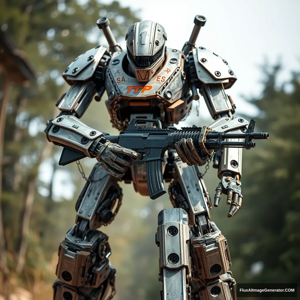 A large robot assembled from motorcycle chains, holding a new AK-47. - Image