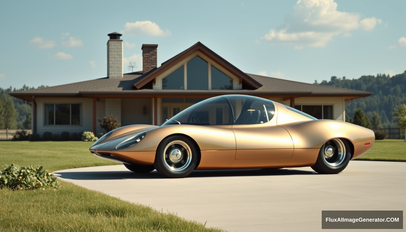 A radical concept car from the 1960s sitting in front of a Mid-Century Modern house, as painted by Syd Mead, in a country setting, 4k, bubble canopy, Metalflake paint.