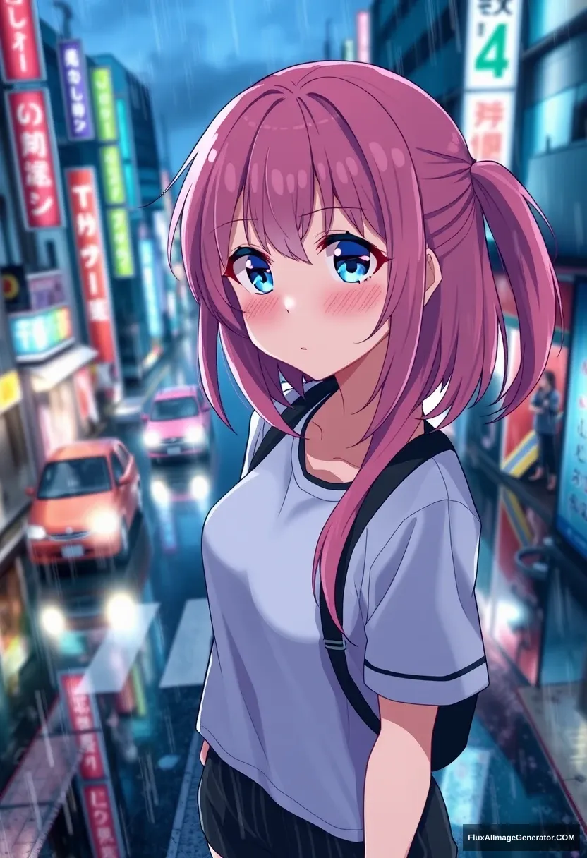 An anime girl in a t-shirt and sporty clothes, pink hair, cyan eyes, rainy Tokyo street, perplexed, blush, dramatic lighting, evening, Dutch angle, overhead view, heavy rain [Sakimichan art style 1.3]