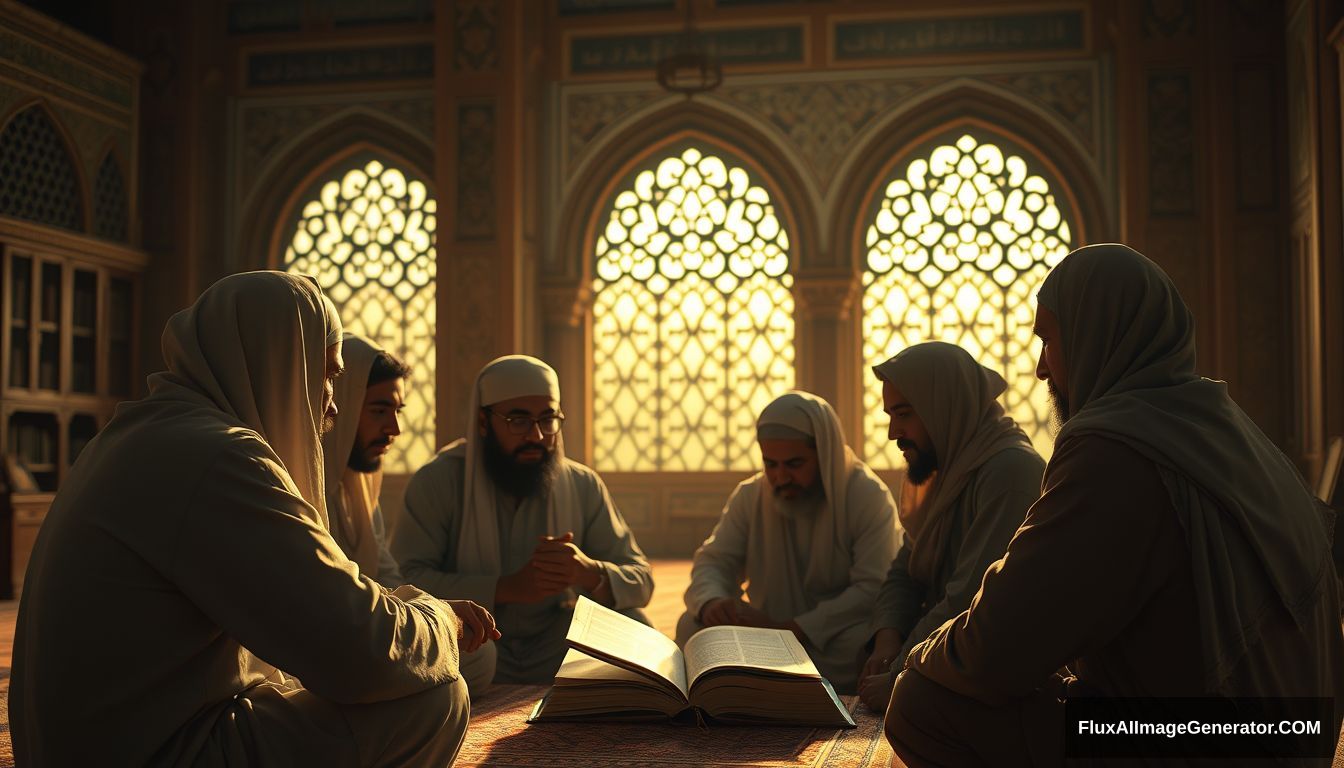 A group of Muslims earnestly studying and discussing the teachings of Prophet Muhammad (SAW), set in a tranquil and scholarly environment. Ultra HD, realistic, with warm and cinematic lighting. - Image