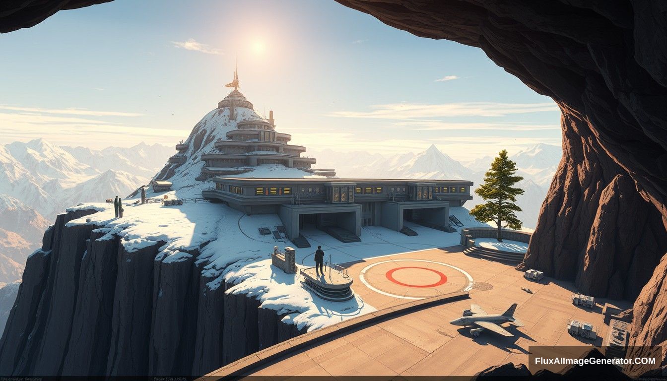 Cel shaded art, wide shot, a sci-fi center on the top of a snowy mountain, open air, close look, cyberpunk, military base, Star Wars style, indoor, patio, morning, sunlight, fortress, mountain, rock, snow, tarmac, parking apron, cave, tree, landing field, cliff, round shape, tower. - Image