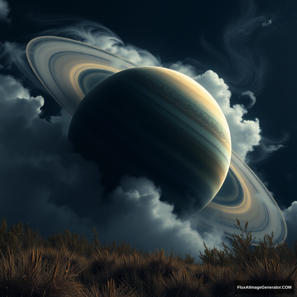 "Planet Saturn, natural vegetation in the background, epic scene, lots of swirling clouds, high contrast, high detail, dark blue tones, uhd" - Image