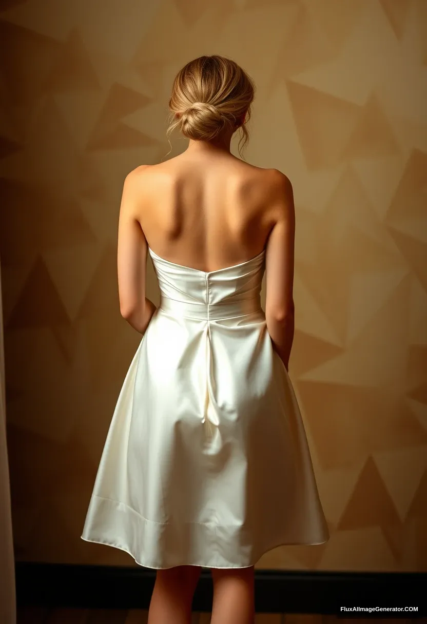 a young woman, sensitive, delicate, ashamed, backless strapless low-waisted silk wedding short dress - Image