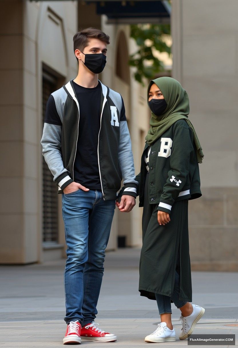 Jamie Dornan, young, black face mask, black T-shirt, collage jacket with a capital A, jeans, red sneakers, romantically dating the biggest hijab-wearing Muslim girl in army green, beautiful eyes, black face mask, college jacket, the longest skirt, sneakers, not a tall girl, photorealistic, realistic, street photography, full photography. - Image