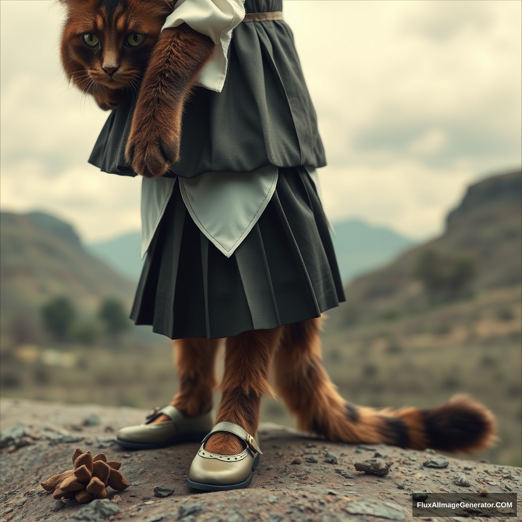 (surrealist photography of an anthropomorphic cat, cat paw, dressed in a pleated skirt with a blouse tucked in and Mary Jane shoes), (strange landscape), detailed.