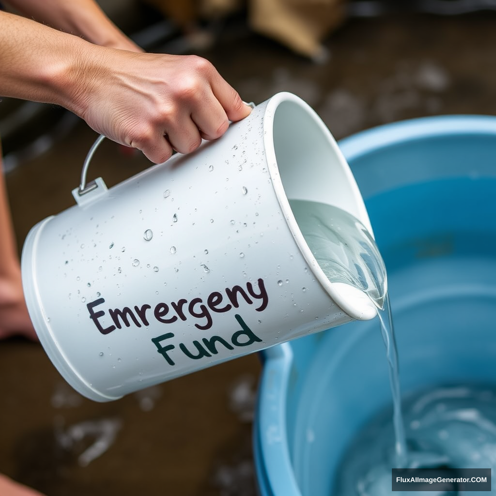 A person filling a bucket labeled "Emergency Fund" with water but the water is leaking out of the other end.