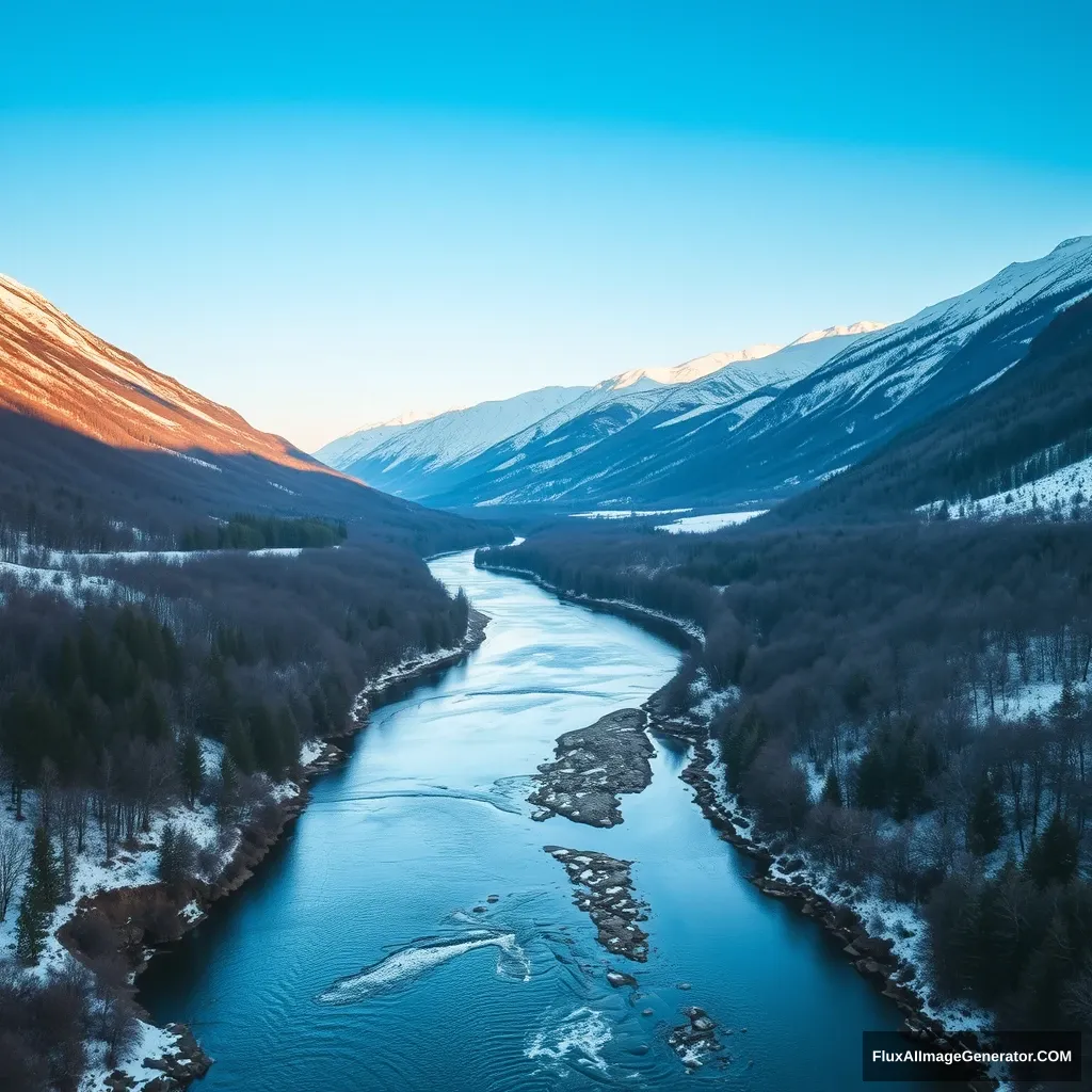 a river at the bottom of a valley in winter