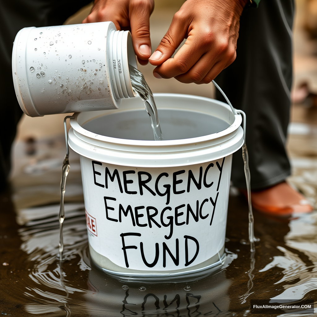 A person filling a bucket labeled "Emergency Fund" with water, but the water is leaking out of both ends.