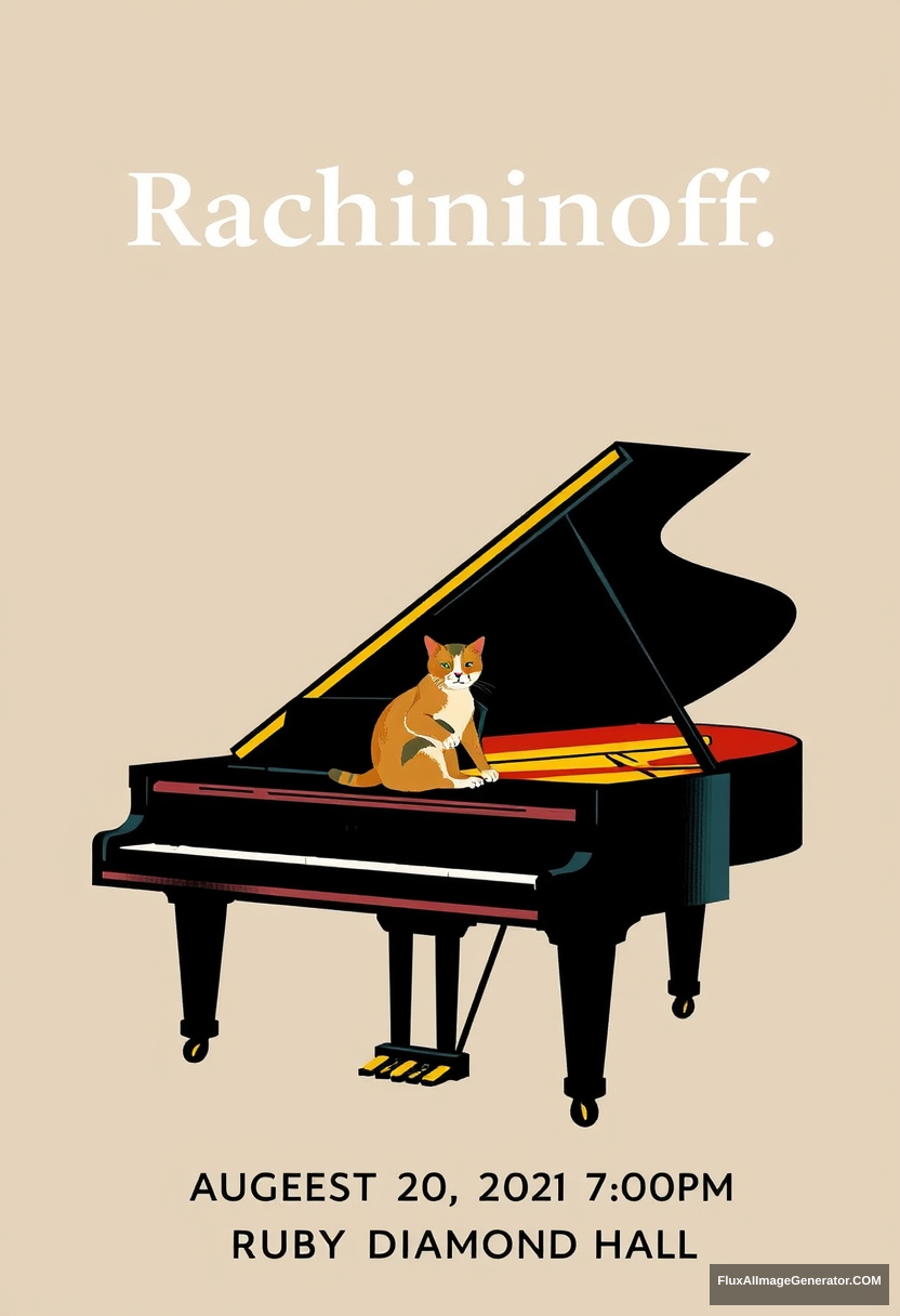 Title: "Rachmaninoff" displayed at the top center

Include the following texts on the bottom of the poster:
“August 20, 2024”
“7:00 PM”
“Ruby Diamond Hall”

Visual Elements: A grand piano centered at the bottom of the poster with a cat playing piano in a Matisse style. - Image