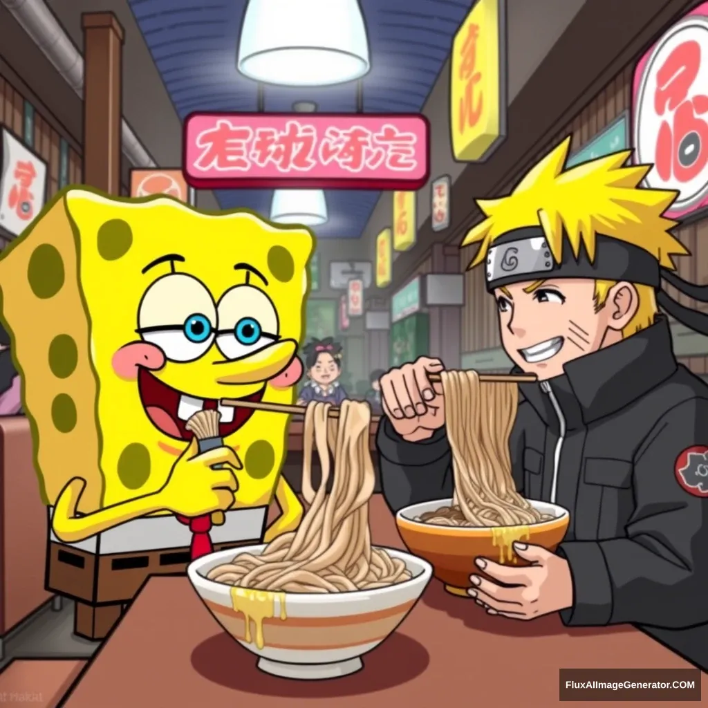 "SpongeBob and Naruto are eating noodles at Ichiraku Ramen."