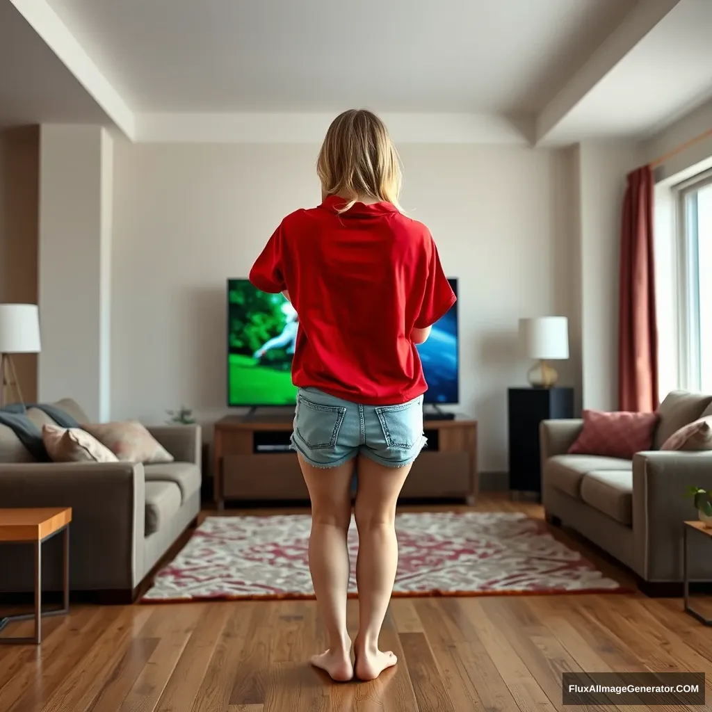 Back view of a young blonde skinny woman in her early twenties in her massive living room, wearing an oversized red polo t-shirt that is uneven on one shoulder, with the bottom tucked in. She also wears light blue denim shorts and no shoes or socks. Facing her TV with a shocked expression, she dives headfirst into the magical TV. - Image