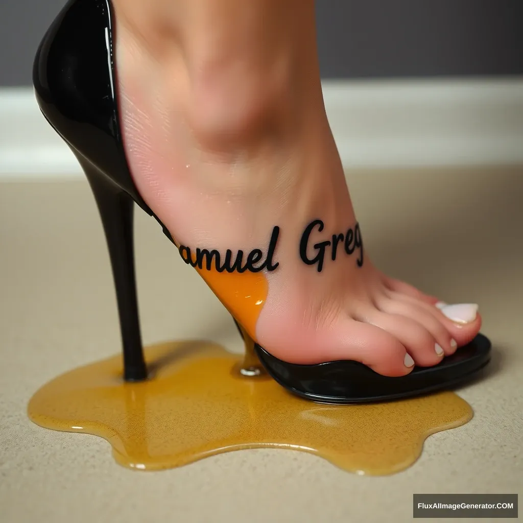 The name "Samuel Greg" on a woman's foot in a black high heel. There is oil all over the foot. - Image