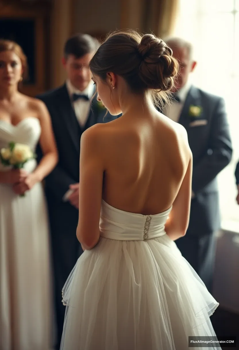 A short young woman, sensitive, delicate, ashamed, wearing a backless strapless small-waisted wedding dress, in front of patriarchy, helpless. - Image