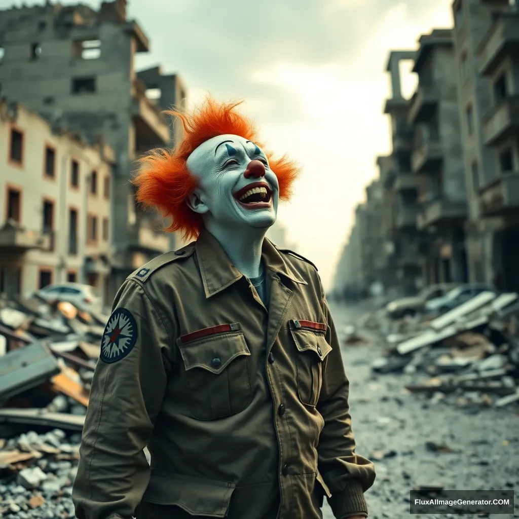 A normal crying clown in an IDF uniform standing in the middle of a destroyed city in ruins, laughing hysterically. View from slightly above and from some distance. Hyperreal.