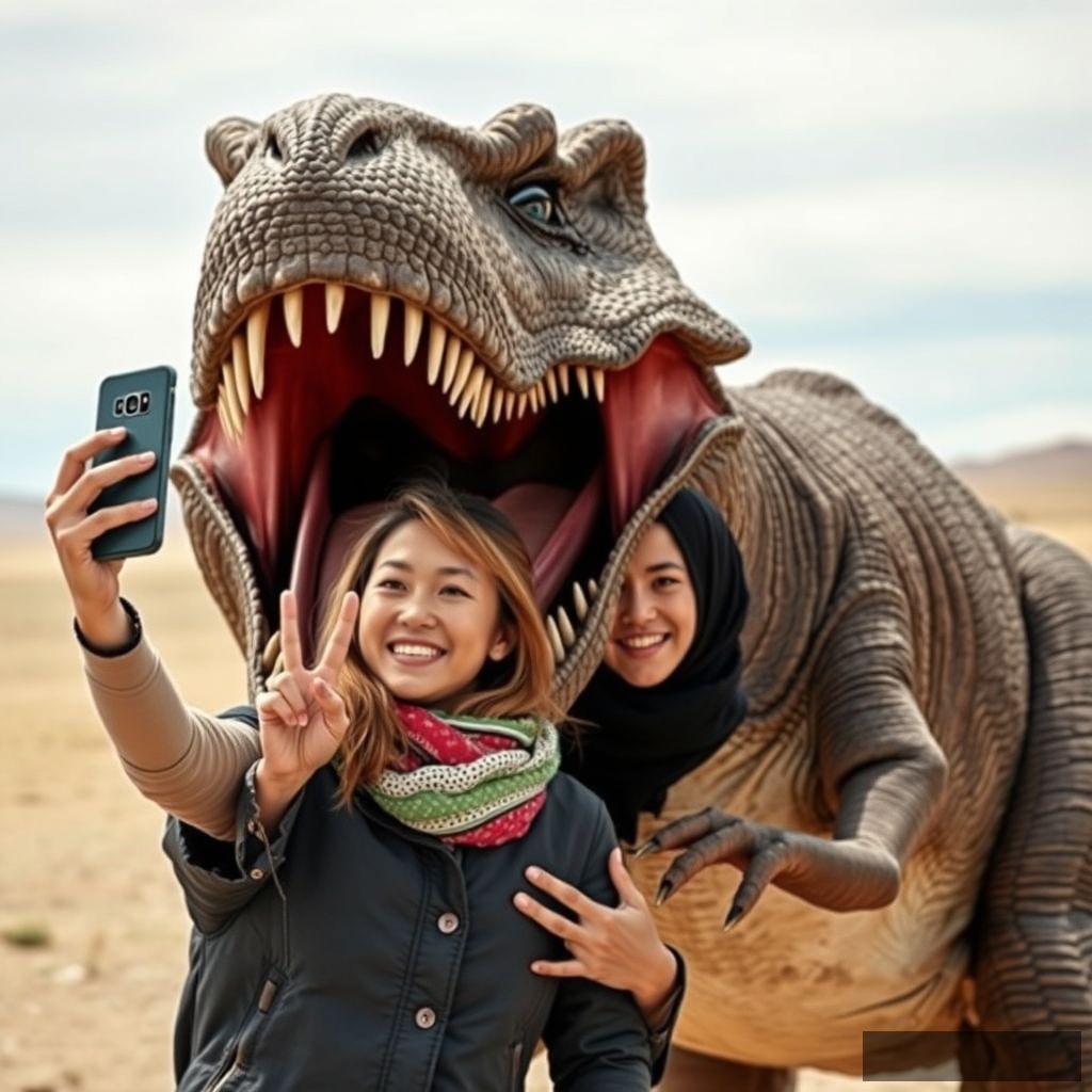 20-year-old Mongolian woman with large adult roaring Dinosaur T-rex raises her phone for unusual selfies, Dinosaur T-rex hugs woman, woman shows V hand sign, realistic photo, Gobi Steppe Mongolia.