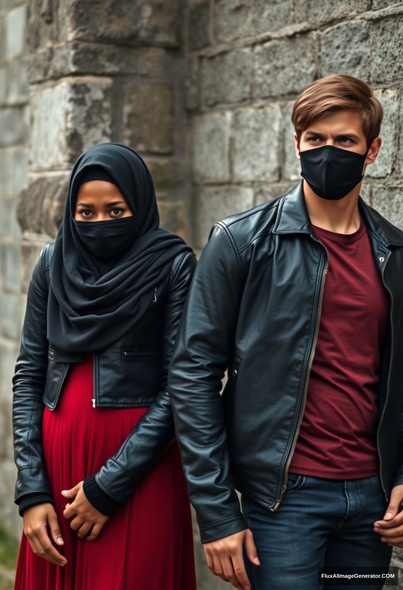 A biggest black hijab girl with beautiful eyes, wearing a black face mask and a black leather jacket, with the longest red dress, who is not tall.

Jamie Dornan, handsome, wearing a black face mask, with a fit and tough body, in a metal red t-shirt, black leather jacket, and jeans, tall man.

Standing near the wall together, hyper-realistic, photorealistic, street photography, at Victoria's abandoned castle, gloomy. - Image