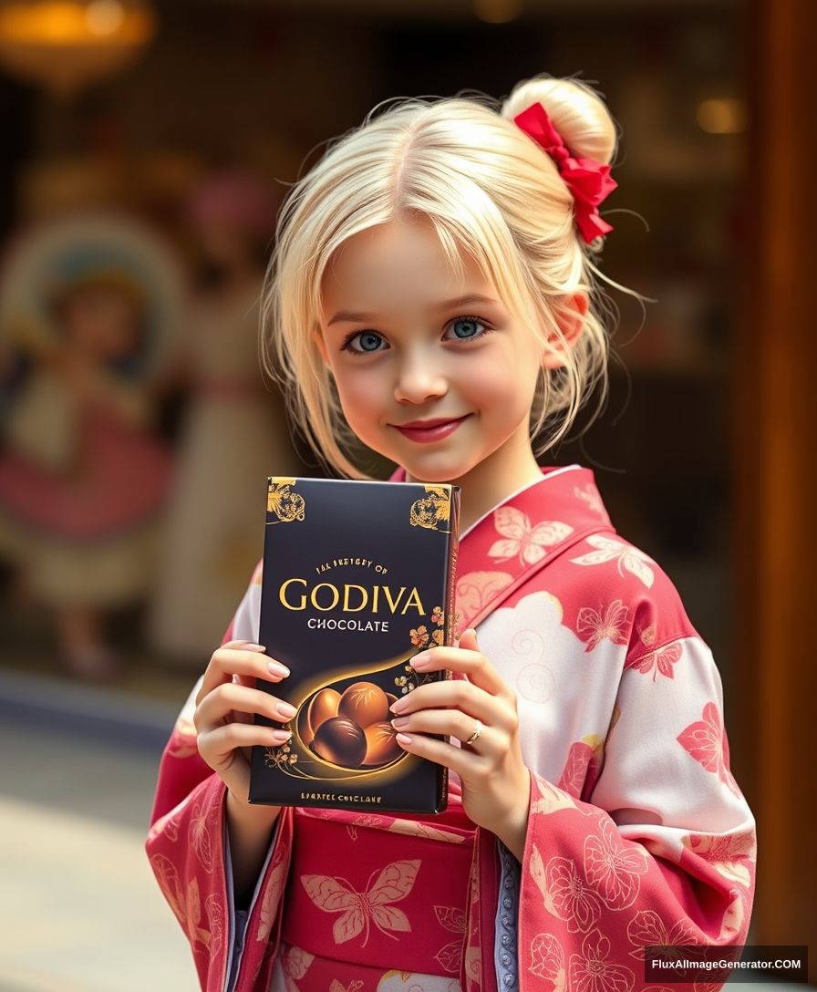 Godiva chocolate, blond girl in a kimono is holding it. - Image