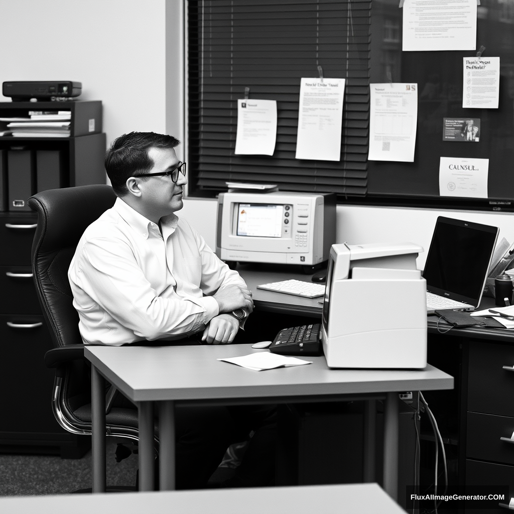 black and white picture  
They're chatting at work.  
a chair under a desk  
wearing his glasses  
copy machine   - Image