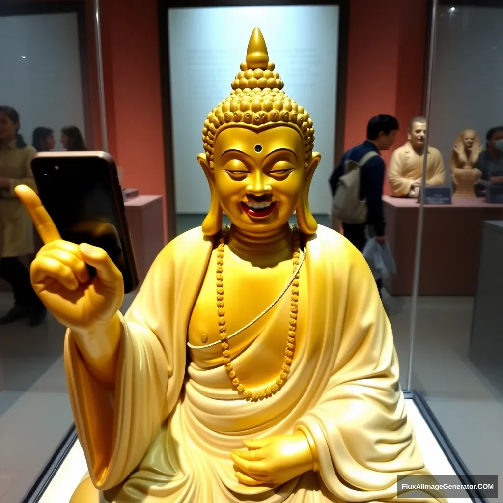 "Museum artifact, Maitreya Buddha, holding a phone, V sign, interesting shot, funny actions, amusing work, exhibit, toothy smile." - Image