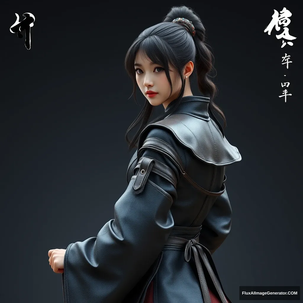 A gorgeous and elegant girl (like Tang Wei) is wearing leather armor (Korean traditional clothing style), with tousled hair and a hairpiece, the skirt hemline at the back, holding a traditional Korean sword, hyper-realistic photo, Unreal Engine.