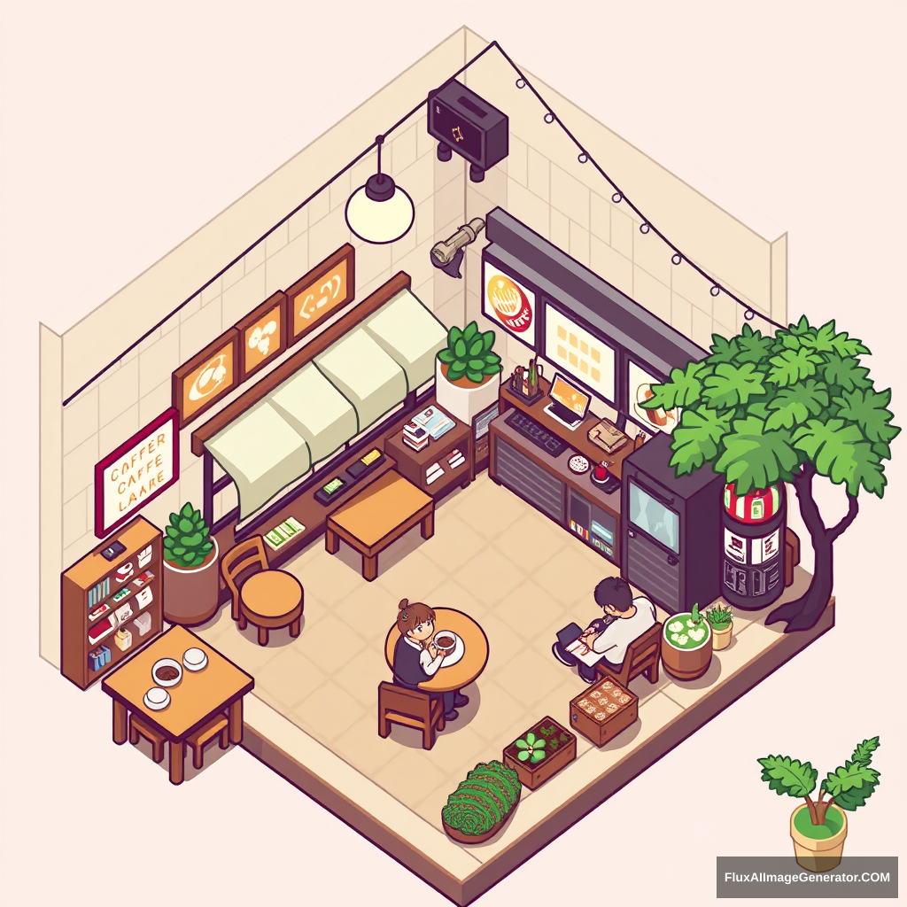 Top-down pixel art isometric coffee shop, cartoon stylized style, yokai theme. - Image