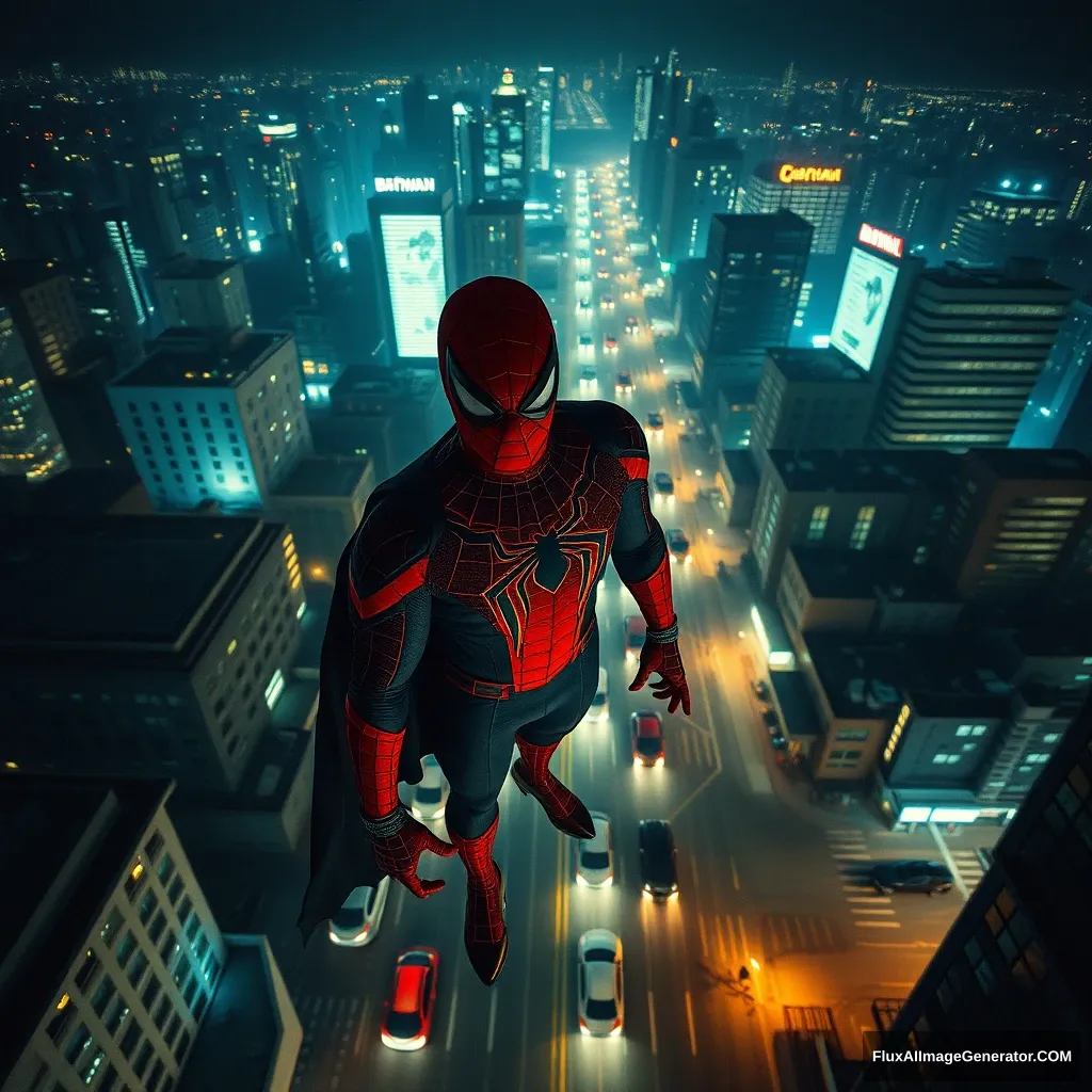 spiderman, batman, night scene, cyberpunk, city, height, aerial view, cars bottom, streets, cinematic lighting, full body shot, hyperrealistic, quality