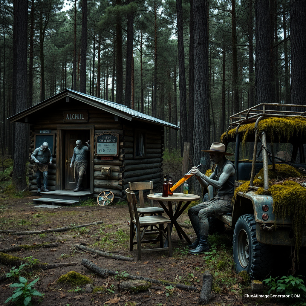 Real-life photography, wide shot: In the forest, there are two wooden cabins selling alcohol, and a dressed zombie comes to buy some. Next to the cabin, there are one table and two chairs, with a zombie wearing a hat sitting and drinking. A female barbarian is selling the alcohol. There is also an abandoned off-road vehicle nearby, covered in moss and weeds. - Image